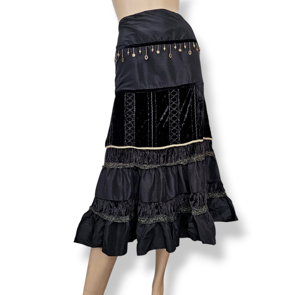 Black & Gold Accent Gypsy Boho Women's Ruffled Paneled Skirt